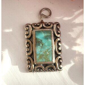 Scalloped Turquoise Native American Sterling SIlver Vintage Pendant | Charm